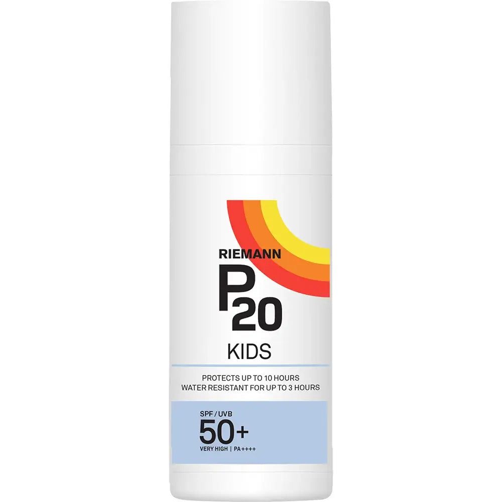 RIEMANN P20 Kids Sonnenschutz LSF 50+ Flasche. Bietet bis zu 10 Stunden Schutz und ist bis zu 3 Stunden wasserresistent.