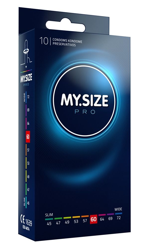 Schwarze Schachtel mit MY.SIZE PRO Logo. Enthält 10 Kondome. Größenangaben von 45 bis 72 mm. CE-Kennzeichnung.