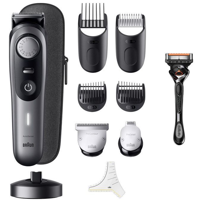Braun Barttrimmer, schwarz/grau, mit Zubehör: Aufsätze, Rasierer, Ladestation und Etui.