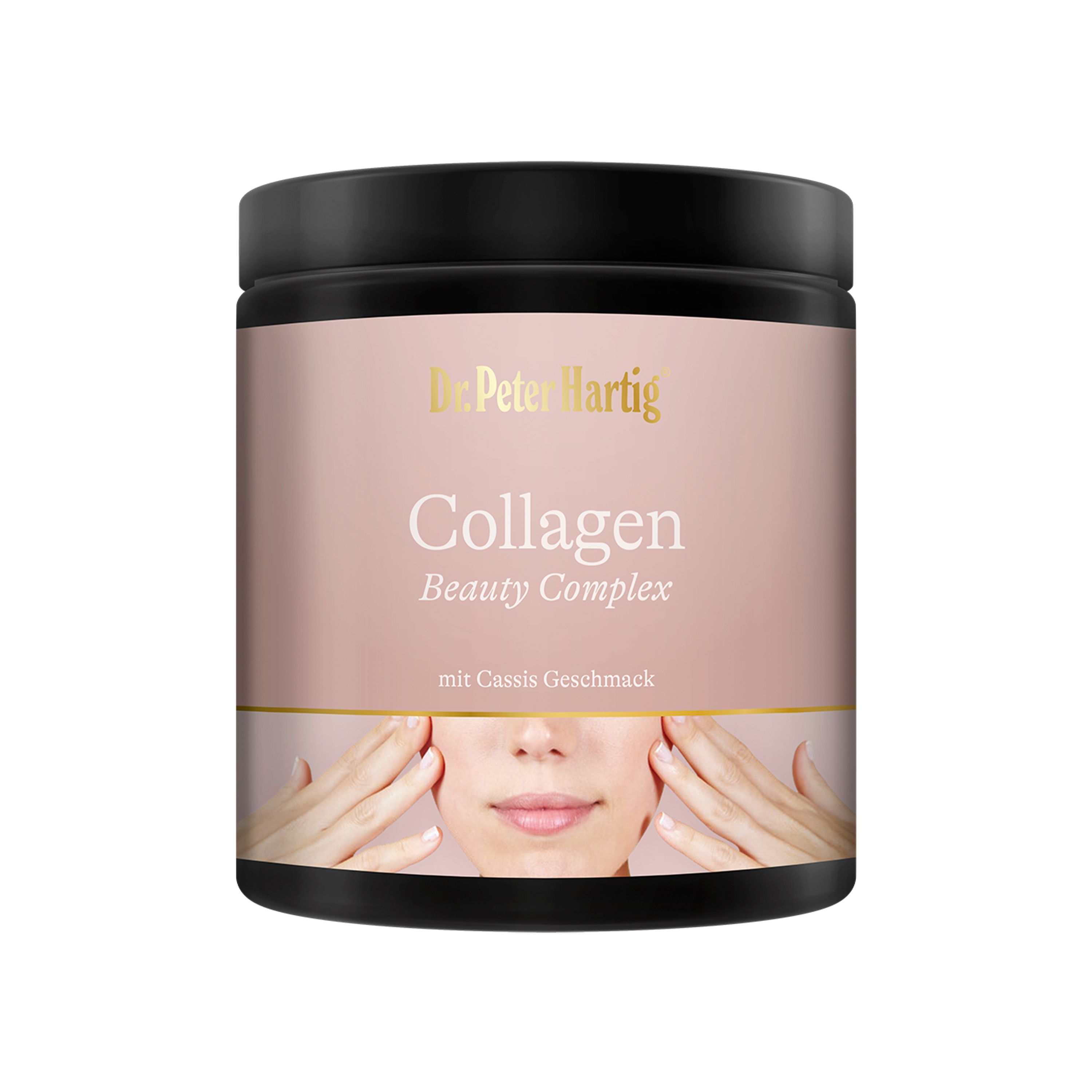 Dose mit schwarzem Deckel. Aufschrift: Dr. Peter Hartig Collagen Beauty Complex. Mit Cassis Geschmack. Abbildung eines Gesichts.