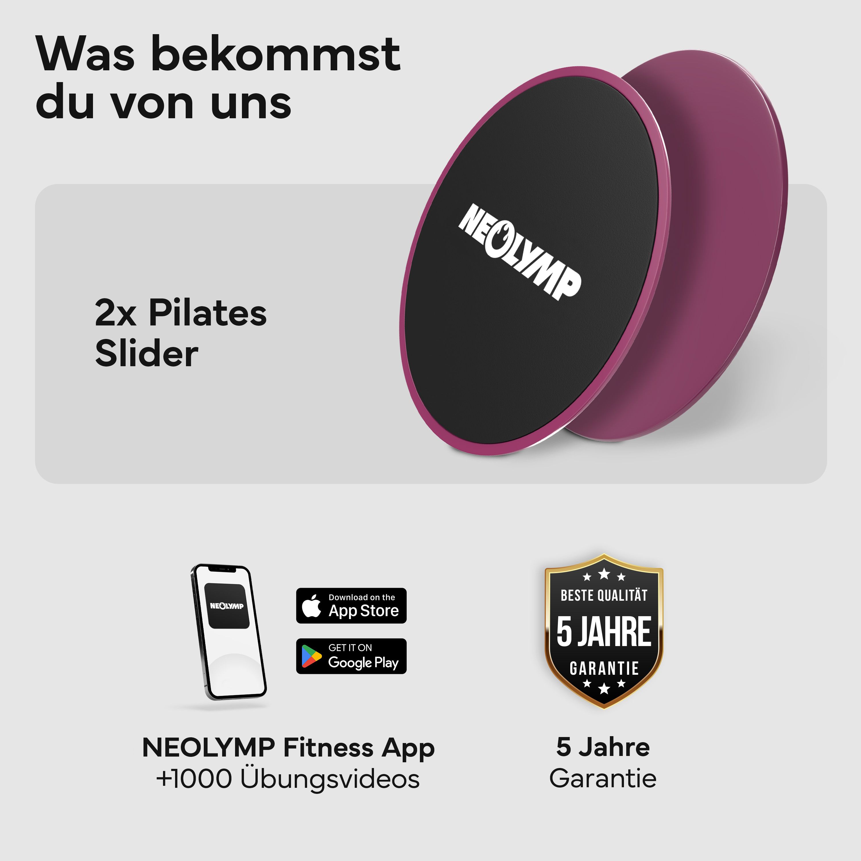 Zwei lila Pilates-Gleiter, NEOLYMP Fitness App und 5 Jahre Garantie.
