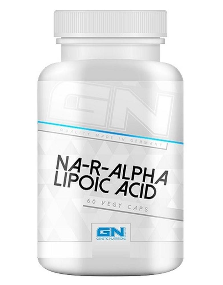 Weiße Flasche mit Kapseln. Aufschrift: NA-R-ALPHA LIPOIC ACID, 60 VEGY CAPS. Marke: GN. Qualität Made in Germany.