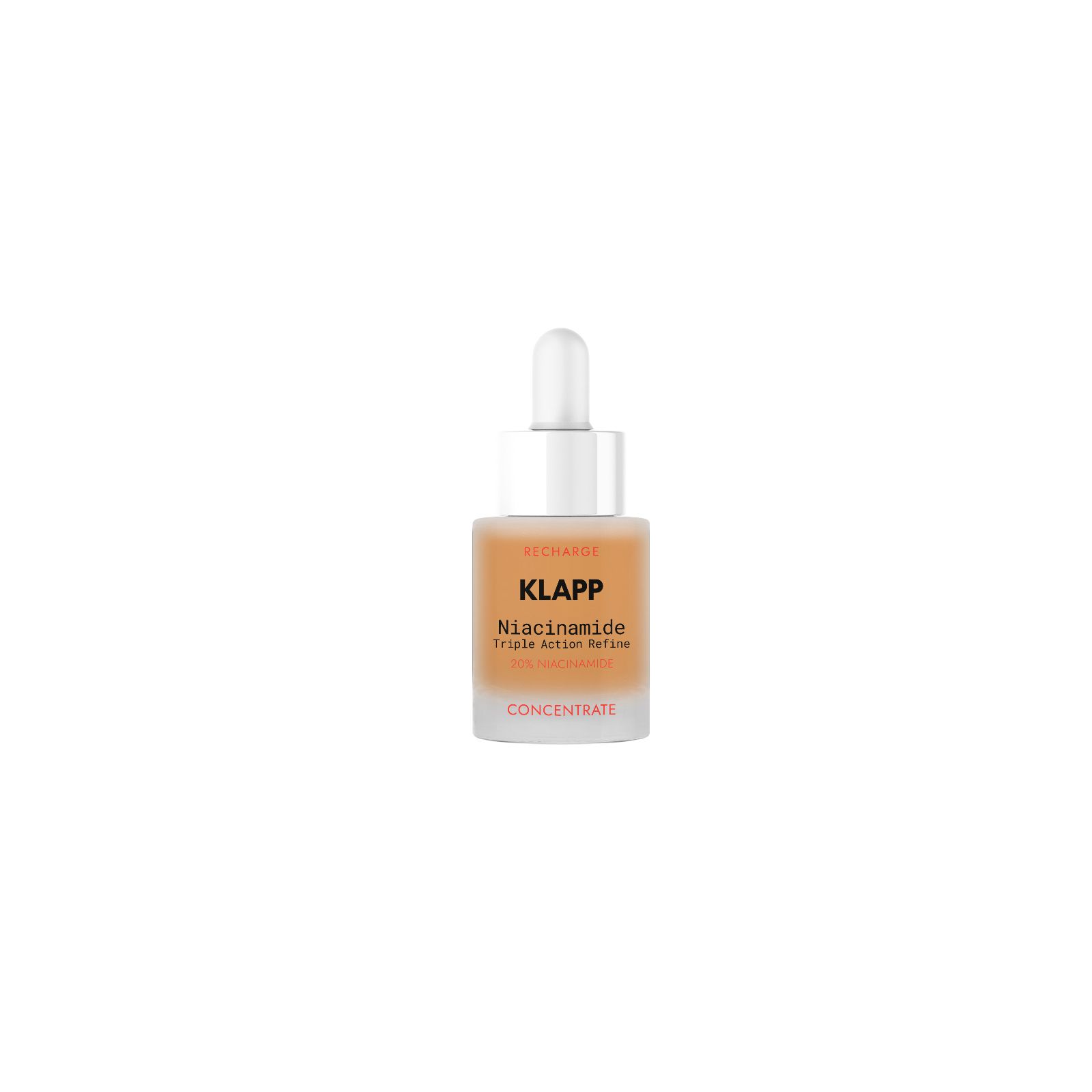 Transparenter Flakon mit brauner Flüssigkeit, weißem Deckel und Pipette. Aufschrift: KLAPP, Niacinamide Triple Action Refine, Concentrate.