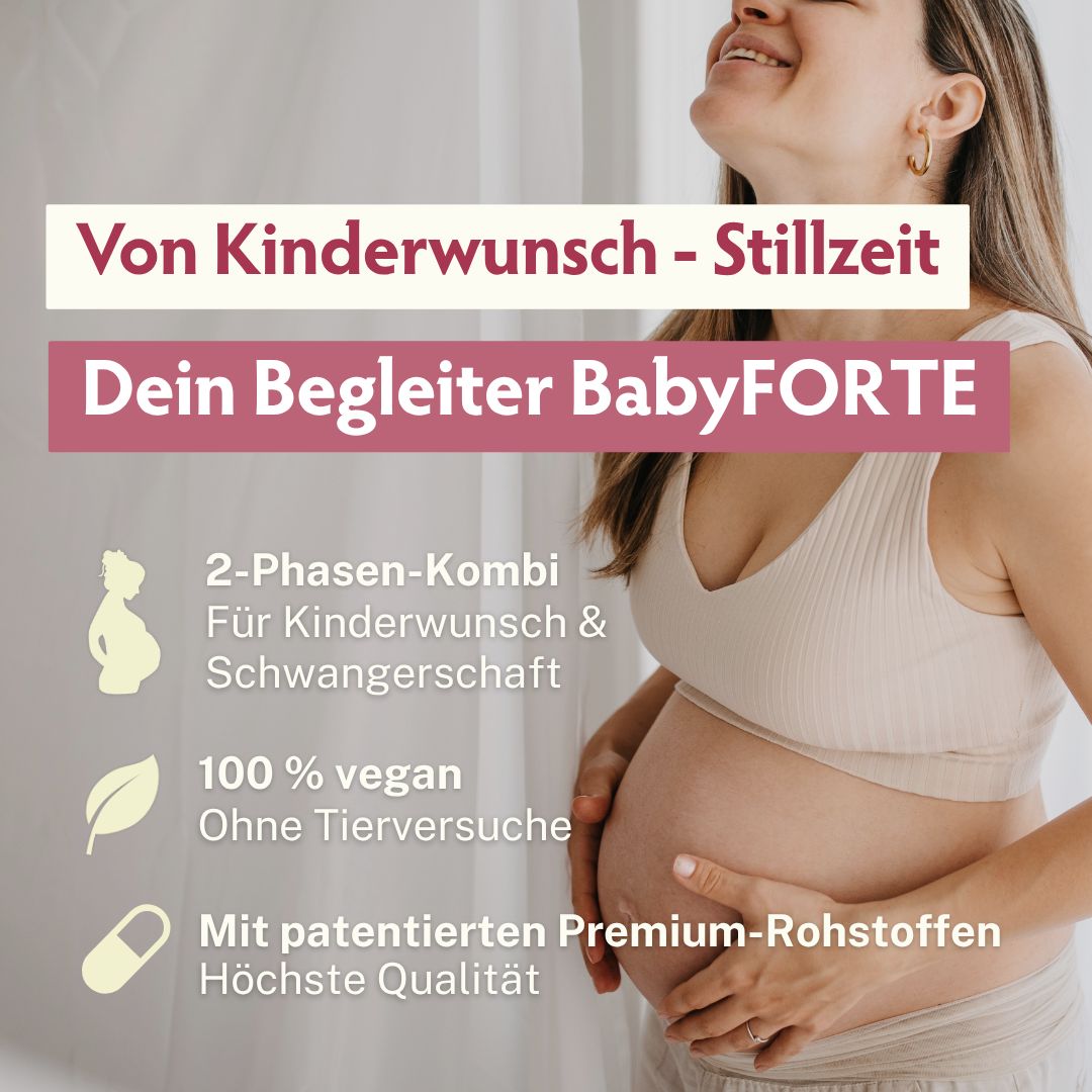 Frau mit Babybauch. BabyFORTE: 2-Phasen-Kombi, 100% vegan, PETA zertifiziert, Made in Germany.