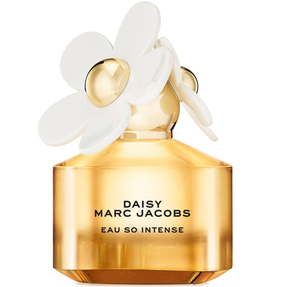 Parfümflasche mit weißer Blüte. Aufschrift: Daisy Marc Jacobs Eau So Intense.