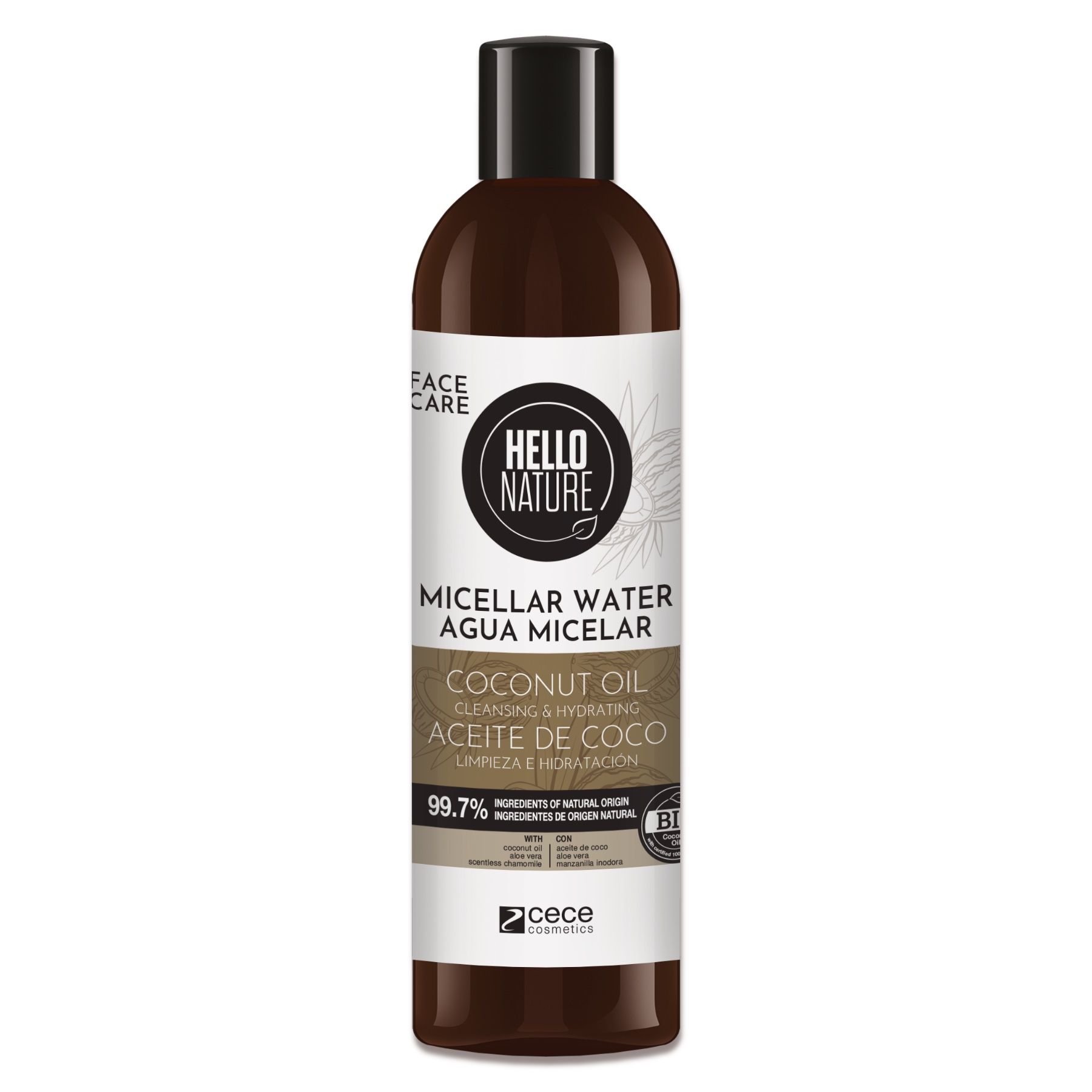 Flasche Mizellenwasser. Logo Hello Nature. Text: Mizellenwasser, Agua Micelar, Coconut Oil. 99,7%.
