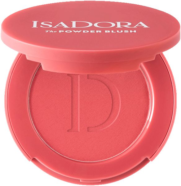 Korallenfarbener IsaDora Powder Blush, geöffnet. Deckel oben, Innenraum mit Prägung. Schriftzug: IsaDora, The Powder Blush.