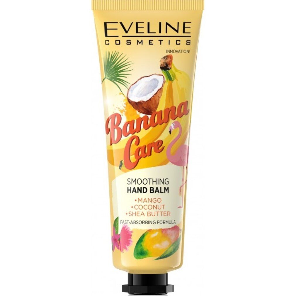 Gelbe Tube mit Aufschrift 'Eveline Cosmetics'. 'Banana Care' Handbalsam mit Mango, Kokosnuss und Sheabutter. Abbildung von Banane, Kokosnuss und Flamingo.