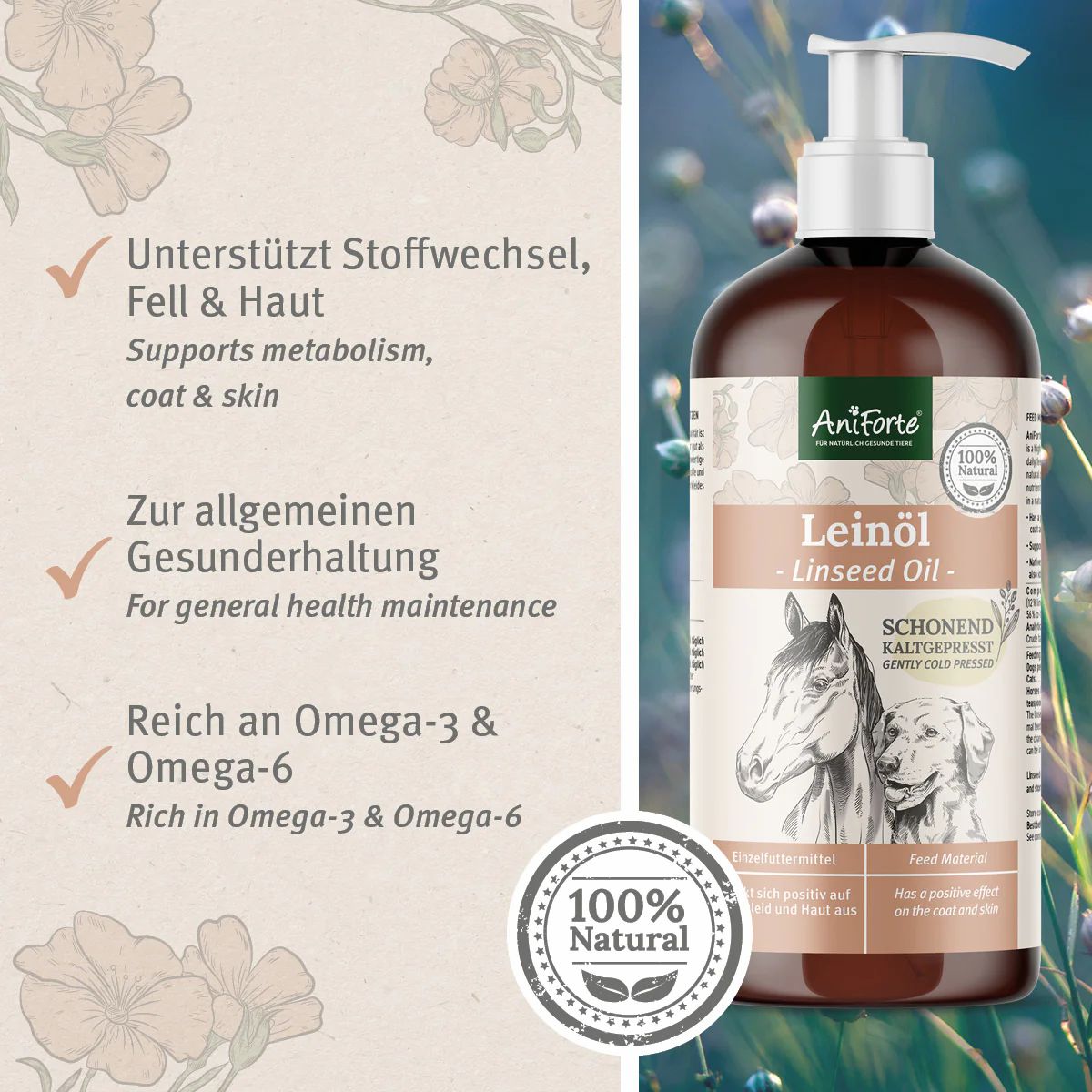 Braune Flasche mit Pumpe. Leinöl-Etikett mit Pferd und Hund. Text: AniForte, Leinöl, schonend kaltgepresst, 100% Natural.