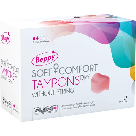 Verpackung von Beppy Soft & Comfort Tampons Dry. Ohne Faden. 2 Stück. Weiße Schachtel mit Produktabbildung.