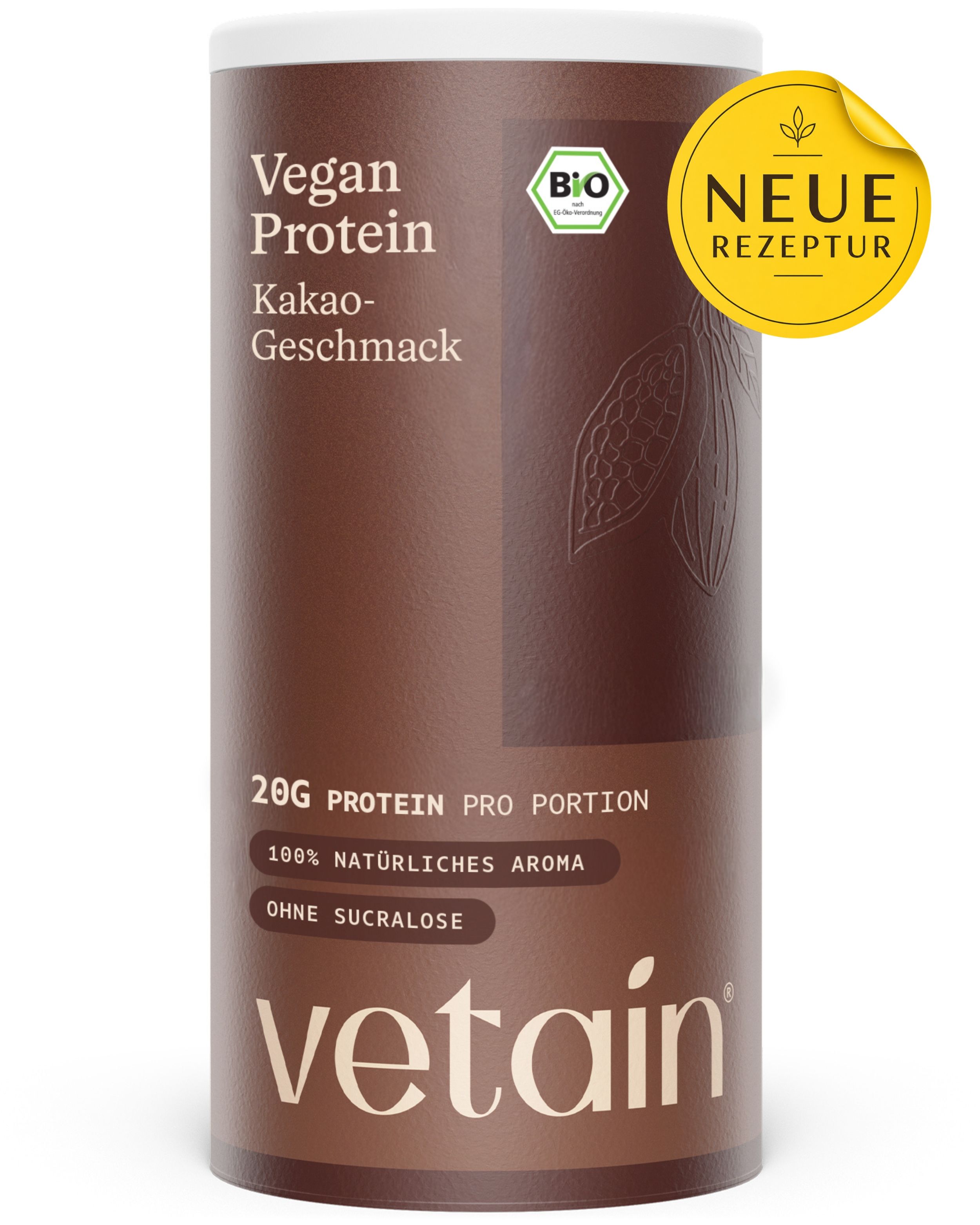 Braune Dose mit 'Vegan Protein Kakao-Geschmack'. Bio-Siegel. Aufschrift: 20G Protein pro Portion, 100% natürliches Aroma, ohne Sucralose.