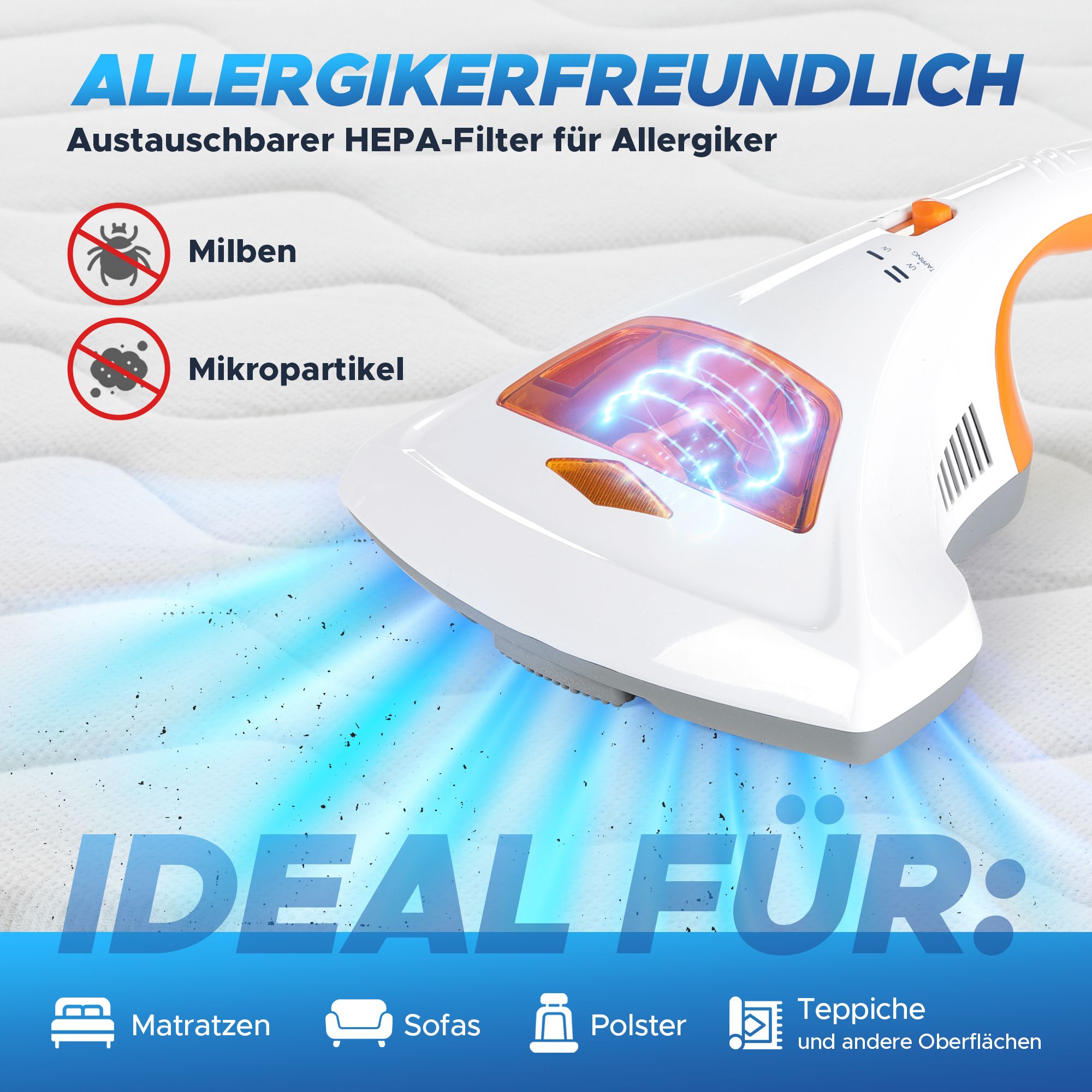 Handstaubsauger. Text: Allergikerfreundlich. HEPA-Filter. Ideal für Matratzen, Sofas, Polster, Teppiche.
