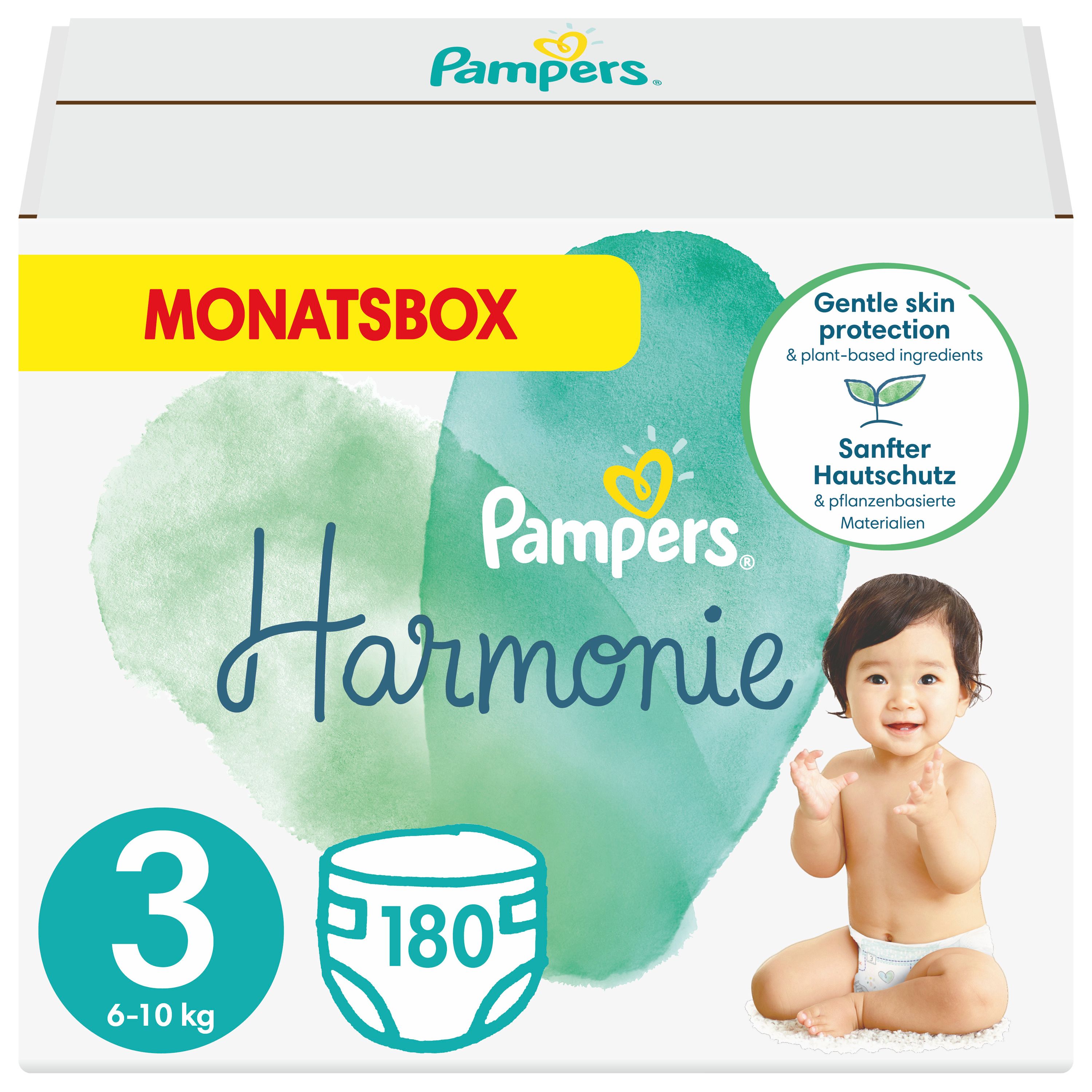 Pampers MonatsBox Harmonie Gr.3 Midi. Packung mit Aufschrift, Logo, Baby und Produktinformationen. Größe 3, 6-10 kg.
