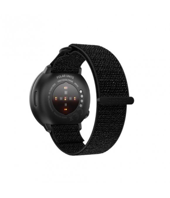 Rückseite einer schwarzen Smartwatch. Sensoren und Marke Polar Unite. Schwarzes Armband.