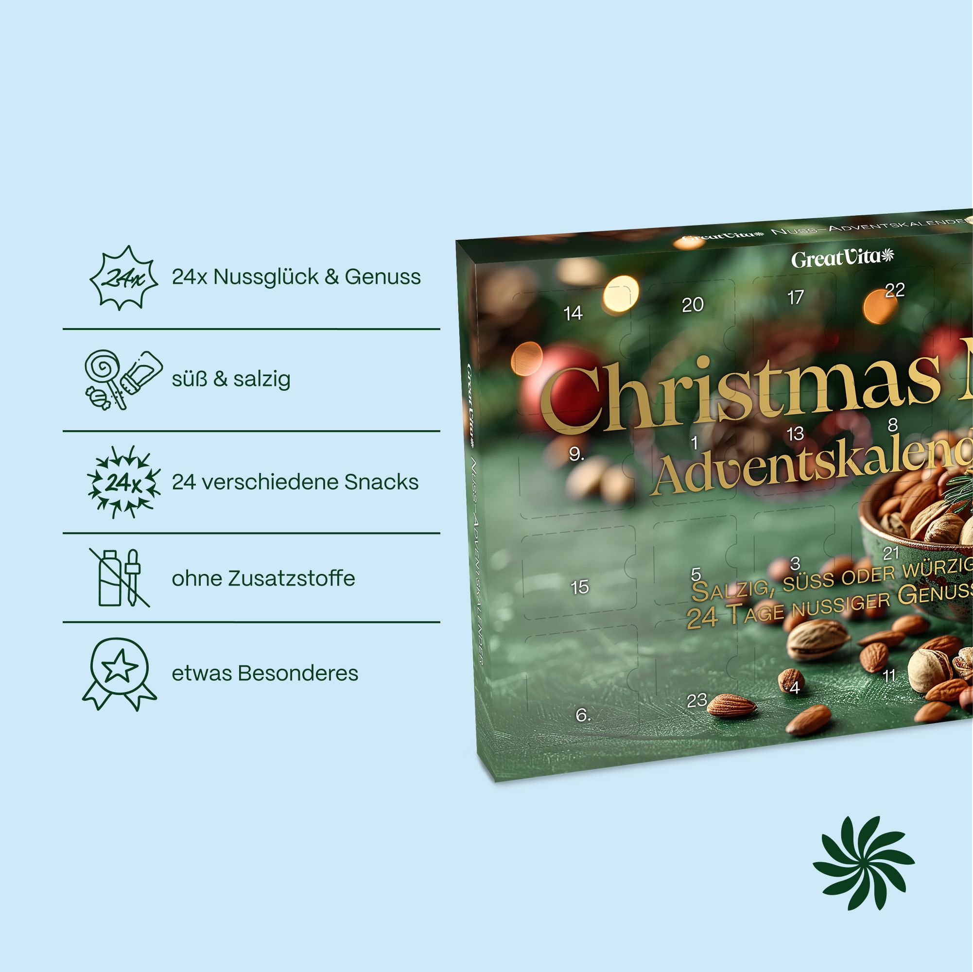 Adventskalender mit 24 verschiedenen Nuss-Snacks, süß, salzig und würzig, ohne Zusatzstoffe.