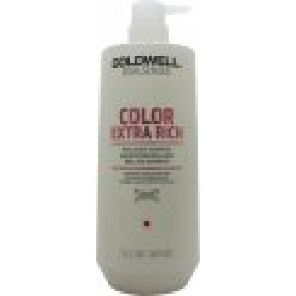 Weiße Shampoo-Flasche mit Pumpe. Aufschrift: Goldwell Dualsenses Color Extra Rich. Brilliance Shampoo. 1L.