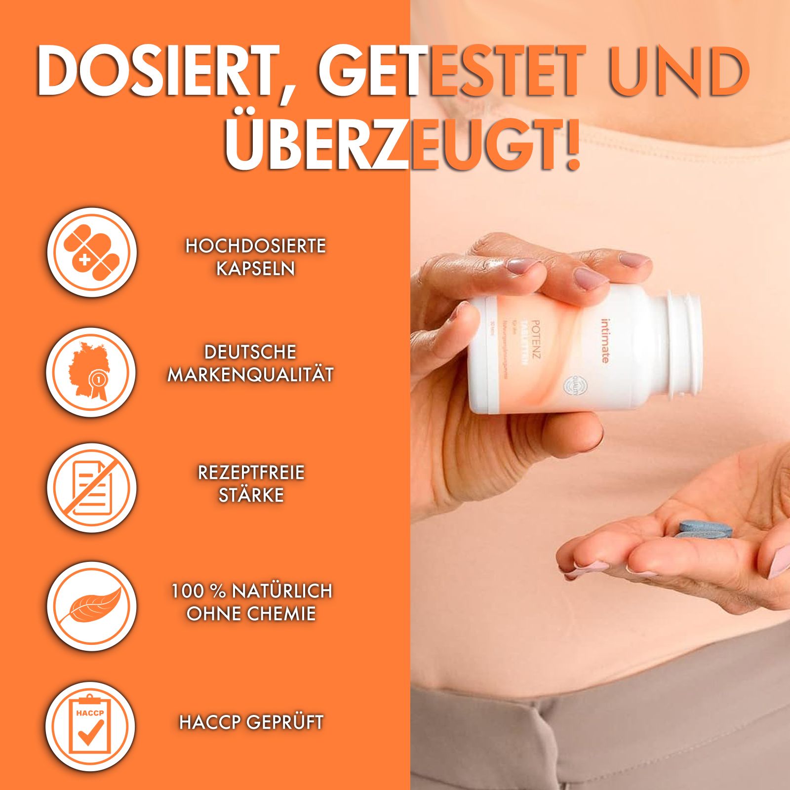 Hand mit Tabletten und Flasche "POTENZ Tabletten". Text: Dosiert, getestet und überzeugt!