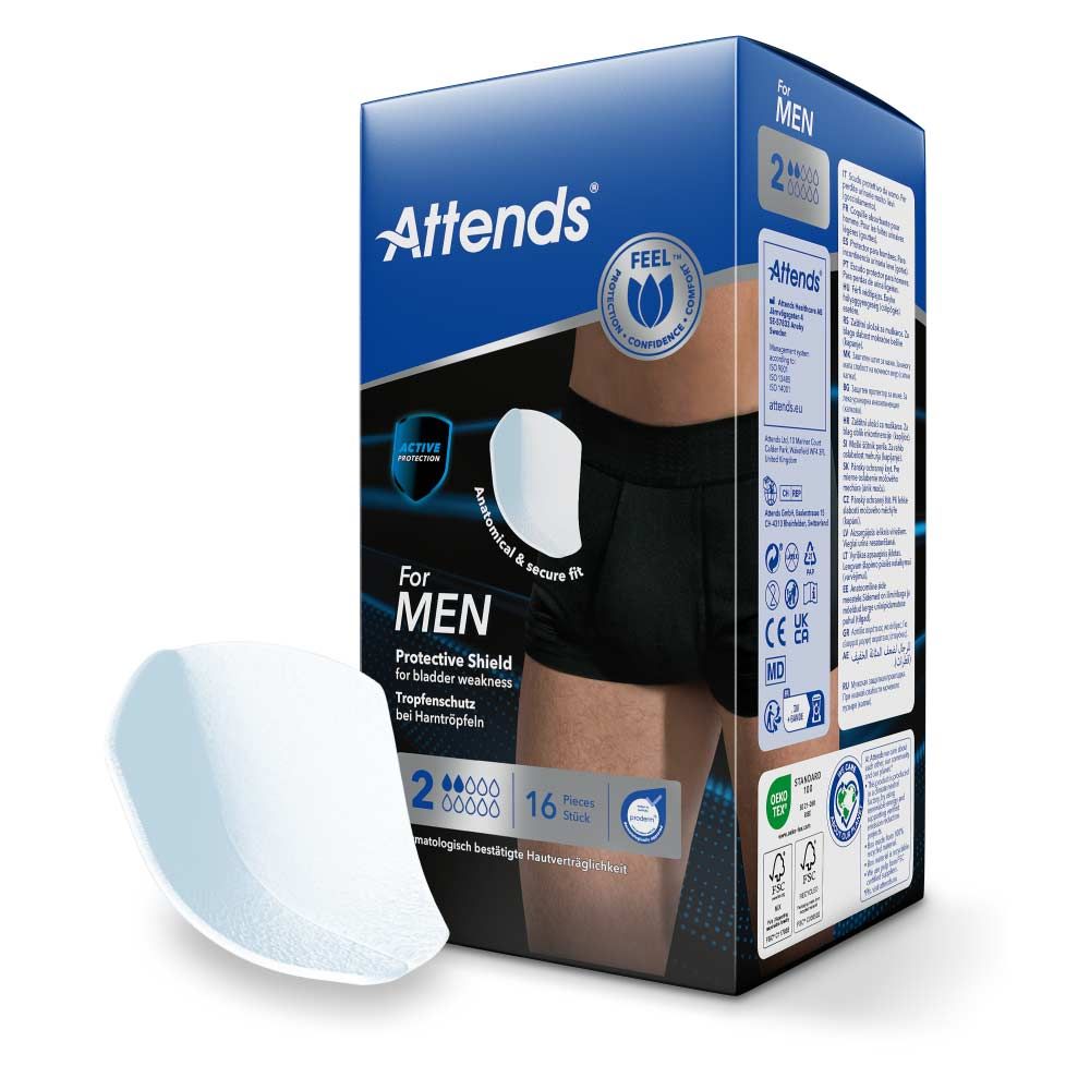 Attends for Men Verpackung. Blaue Box mit Produkt und separatem Produkt. Anatomisch & sicherer Sitz. 16 Stück.