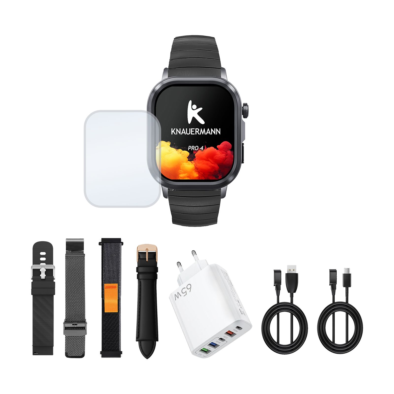 Smartwatch mit schwarzem Armband, Zubehör: 4 Armbänder, Ladegerät, Kabel, Displayschutz. Auf dem Display: Knauermann PRO 4.