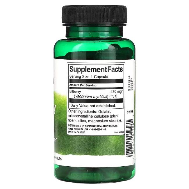 Grüne Kapseln in grüner Flasche. Aufschrift: Supplement Facts, Bilberry 470 mg, Zutaten, 100 Kapseln.