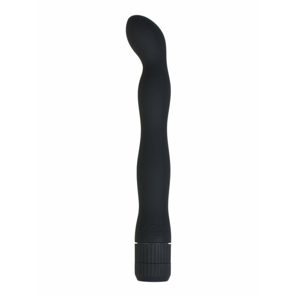 Schwarzer, wellenförmiger Vibrator. Geschwungener Kopf, geriffelter Griff, geriffelte Basis.