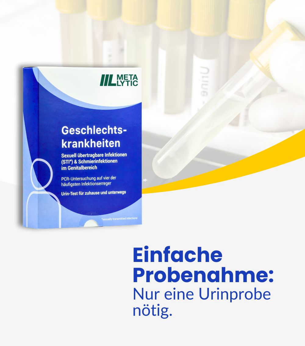 Verpackung des STI-Tests für 4 Erreger. Einfache Probenahme: Nur eine Urinprobe nötig.