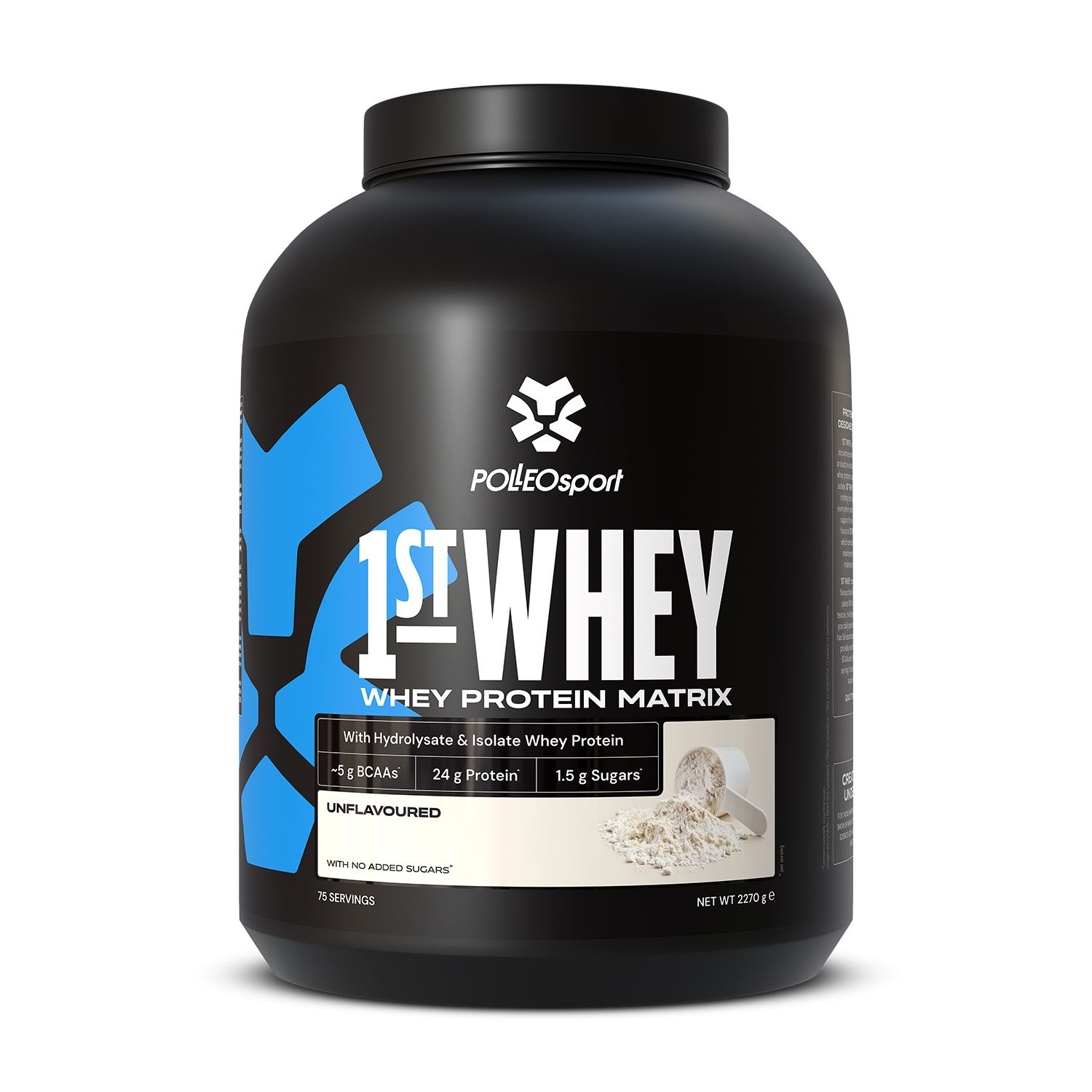 Schwarzer Behälter mit "1st Whey Protein Matrix" Aufschrift und Nährwertangaben.
