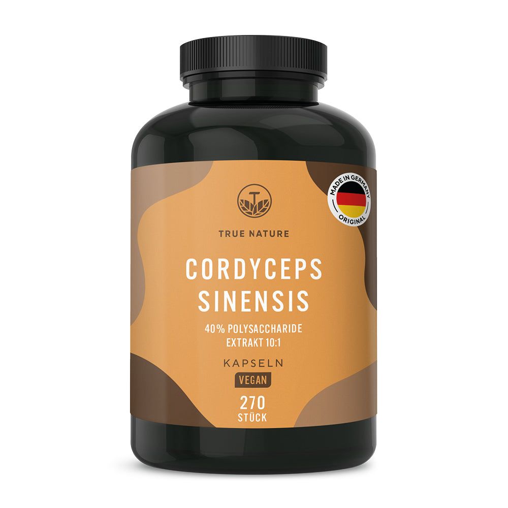 Schwarze Dose mit TRUE NATURE Cordyceps Sinensis Kapseln, 270 Stück, vegan.