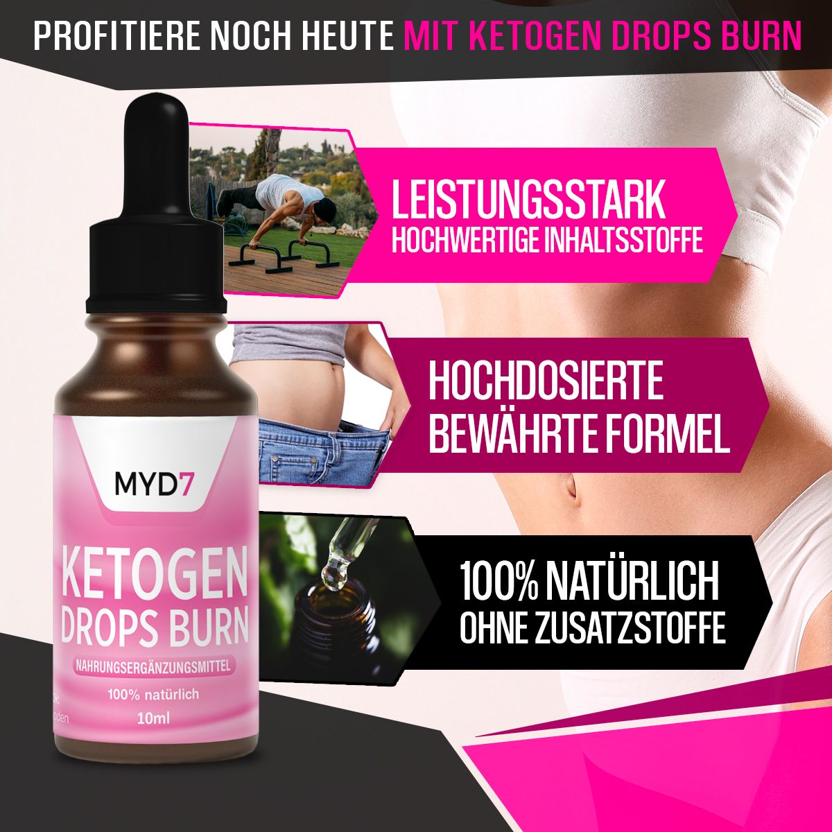 Flasche mit Aufschrift: MYD7, Ketogen Drops Burn, 100% natürlich, 10 ml. Grafiken: Leistungsstark, hochdosiert, 100% natürlich.