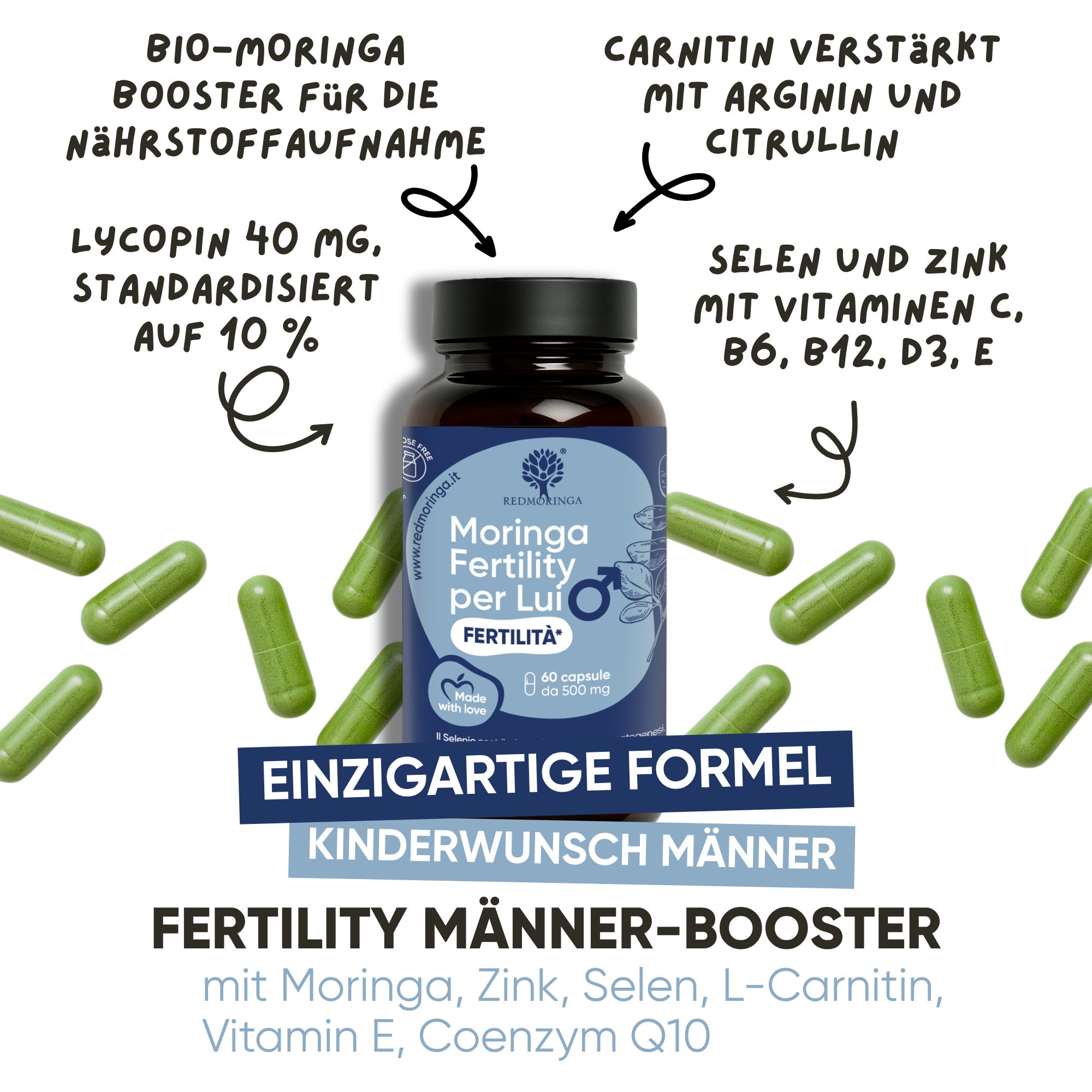 Flasche RedMoringa Fertility für Lui mit grünen Kapseln. Unterstützt Fruchtbarkeit und Spermienqualität.