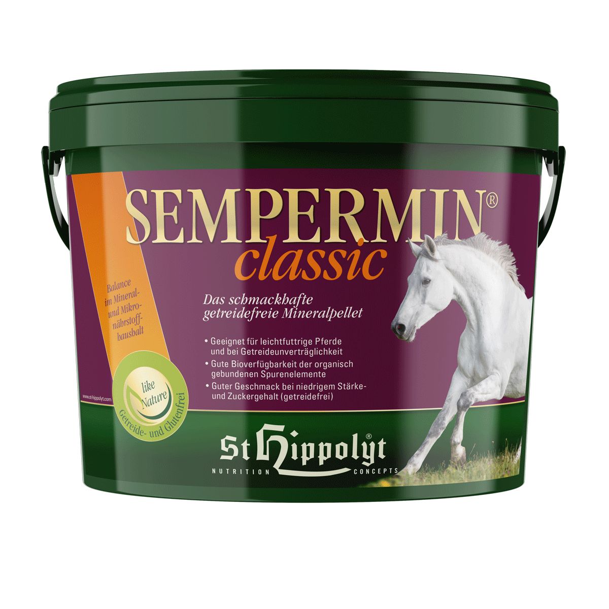 Grüner Eimer mit Sempermin Classic. Aufschrift und Pferd-Illustration. Marke St. Hippolyt.