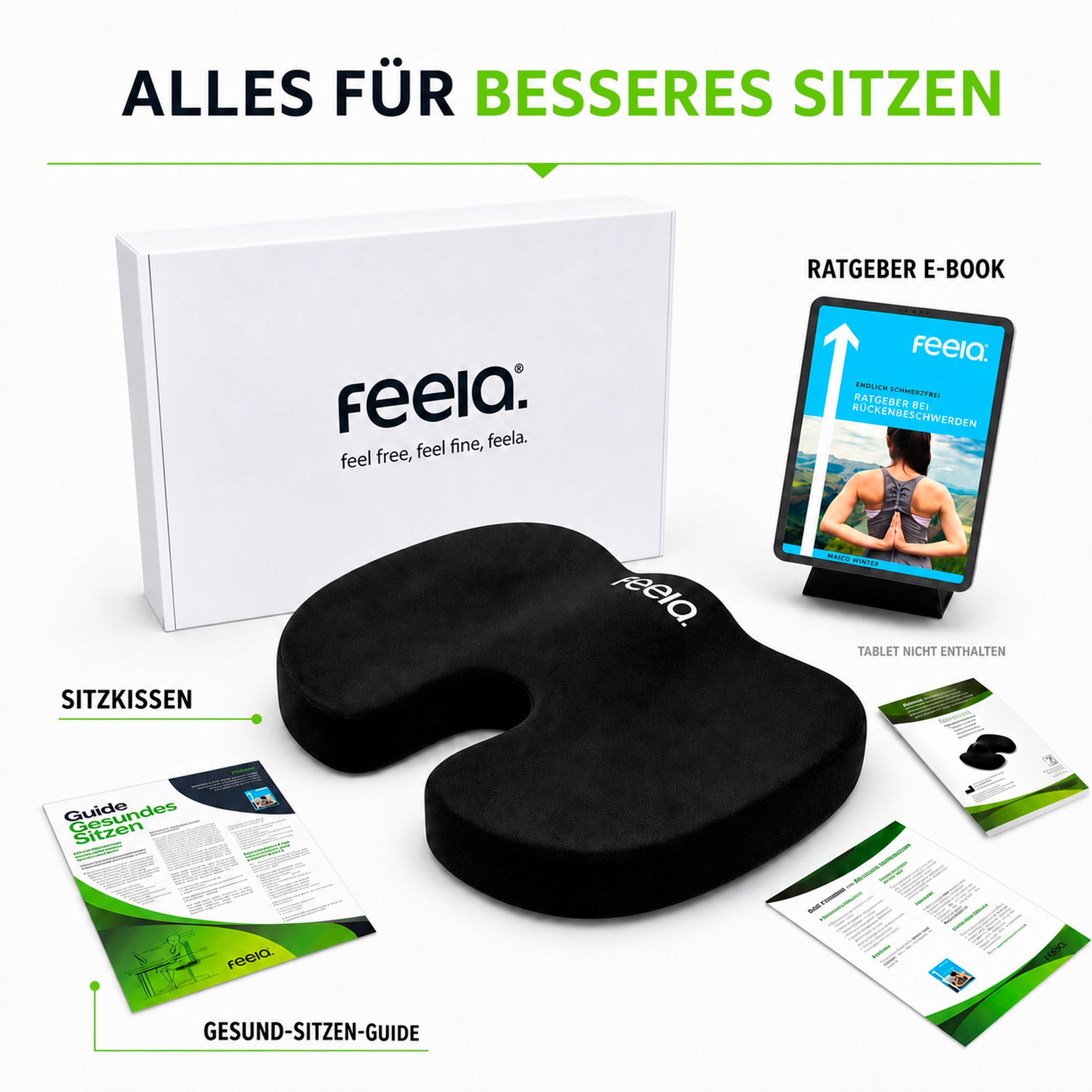 Inhalt: Sitzkissen, Ratgeber E-Book, Gesundheits-Sitzen-Guide. Alles für besseres Sitzen.