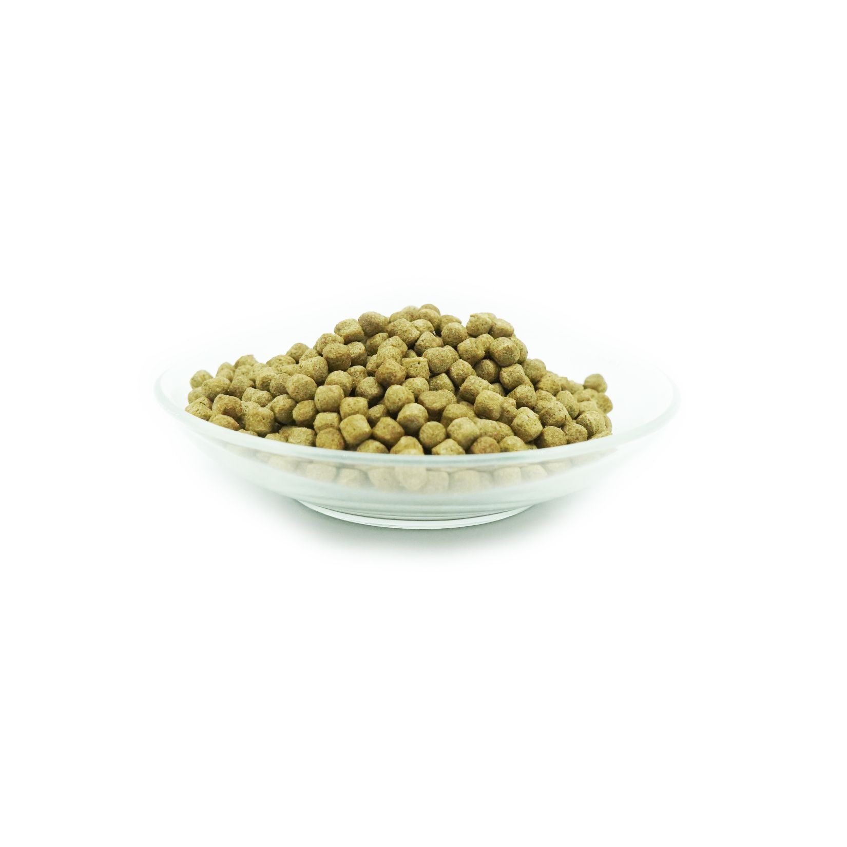 Haufen von runden, braunen Pellets in einer durchsichtigen Glasschale. Auf weißem Hintergrund.