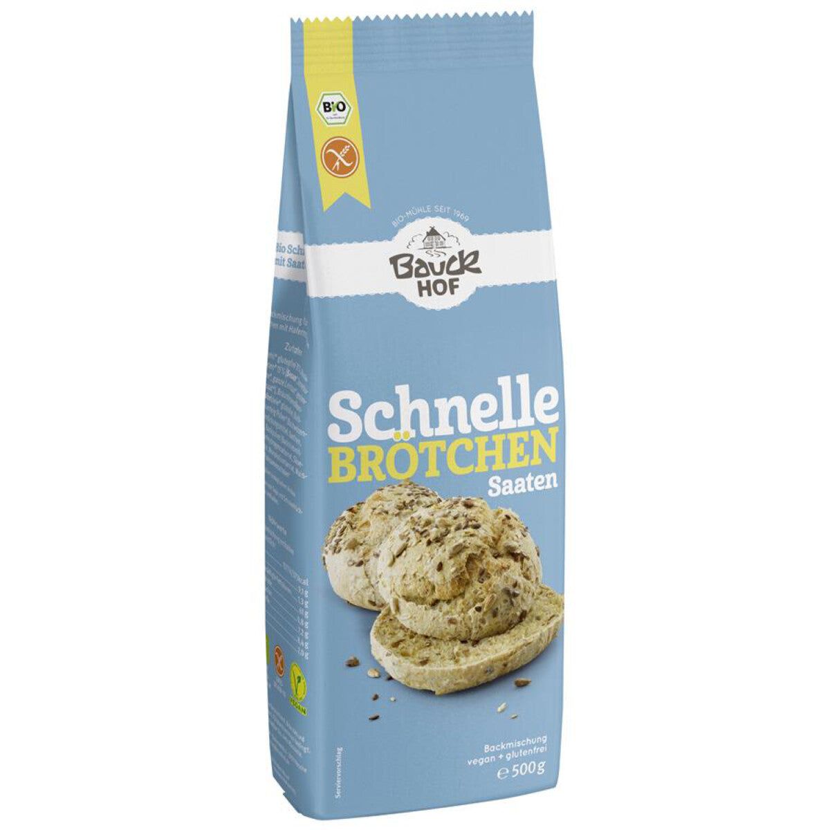 Hellblaue Verpackung mit "Bauckhof"-Logo und Aufschrift "Schnelle Brötchen Saaten". Abbildung von Brötchen. Glutenfrei-Symbol.