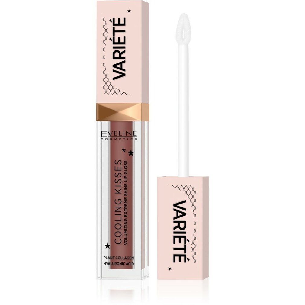 Lipgloss mit Applikator. Aufschrift: VARIÉTÉ, COOLING KISSES, EVELINE COSMETICS. Farbe: Rosa und Braun. Mit Pflanzenkollagen und Hyaluronsäure.