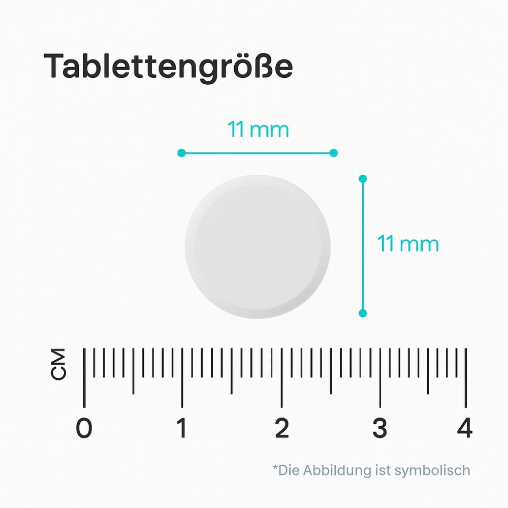 Nahaufnahme einer weißen Tablette mit 11 mm Durchmesser. Eine Skala in cm zeigt die Größe.
