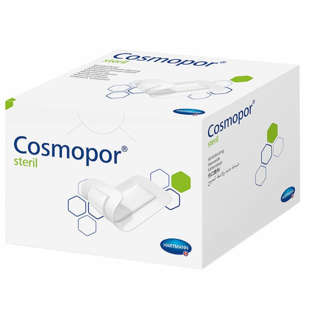 Verpackung von Cosmopor steril Wundverband. Weißer Karton mit Produktnamen und Logo. Hartmann-Logo.