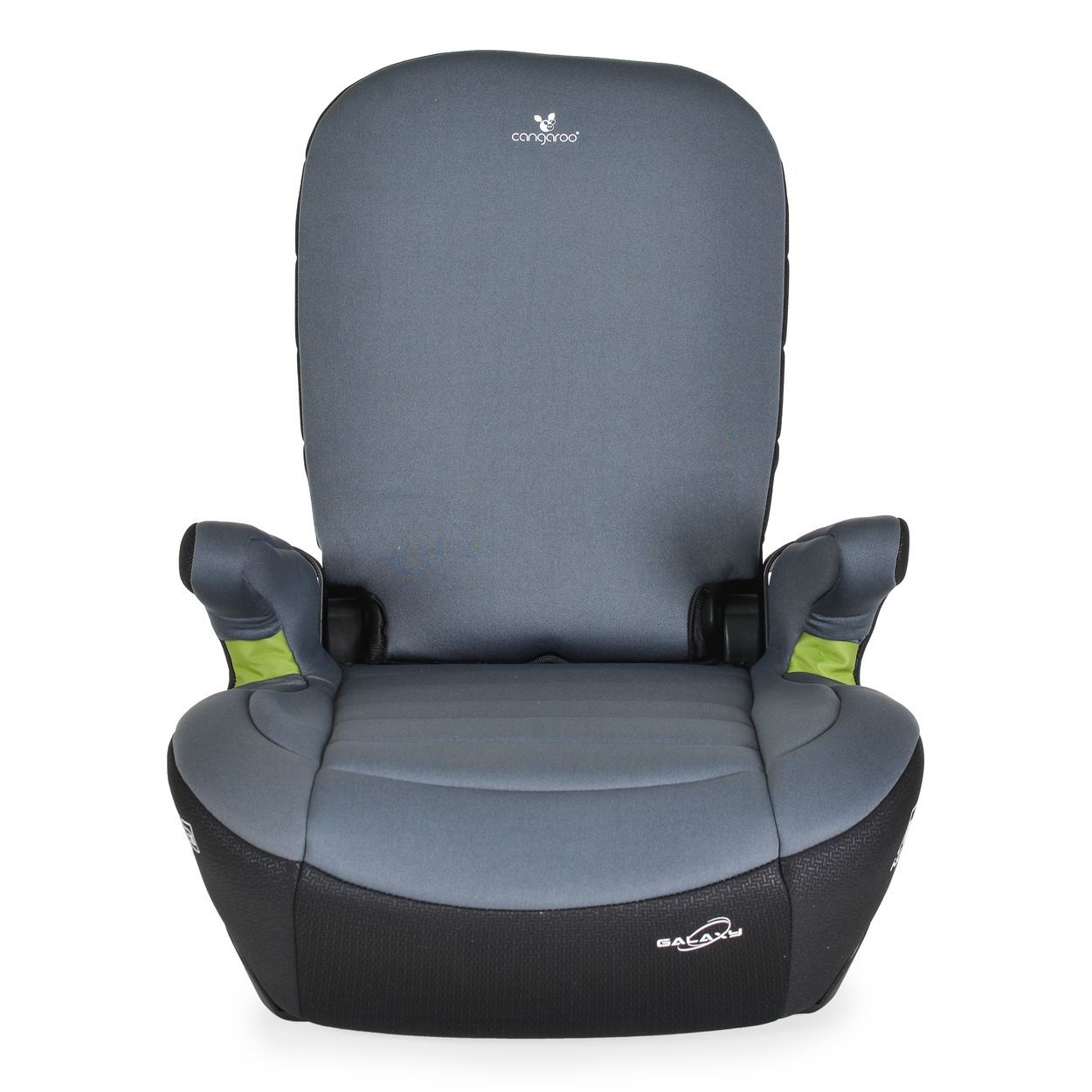 Grauer Kindersitz mit verstellbarer Kopfstütze und Armlehnen.
