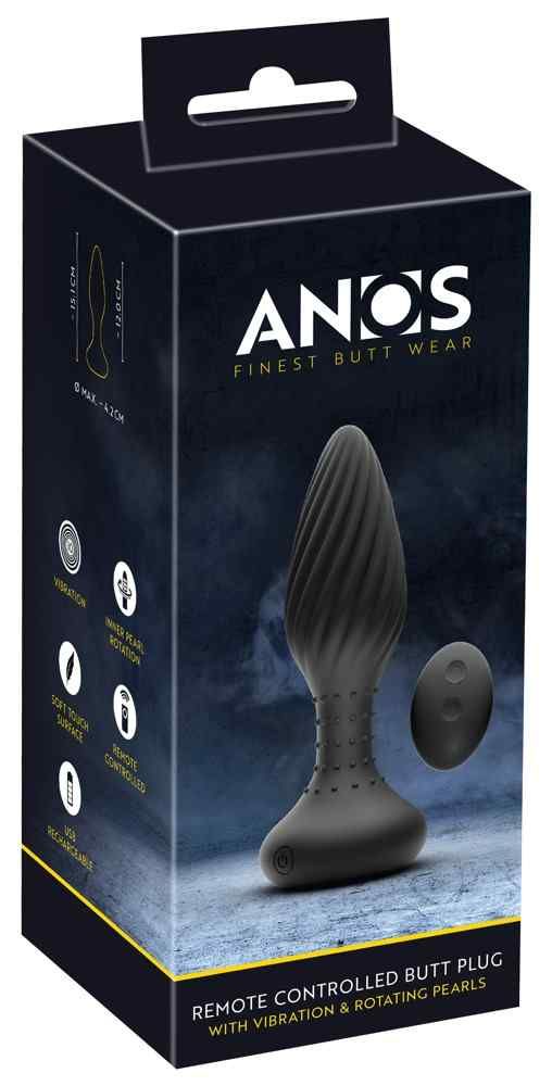 Schwarze Produktverpackung mit Anus-Plug und Fernbedienung. Text: ANOS, Finest Butt Wear. Abbildung des Produkts.