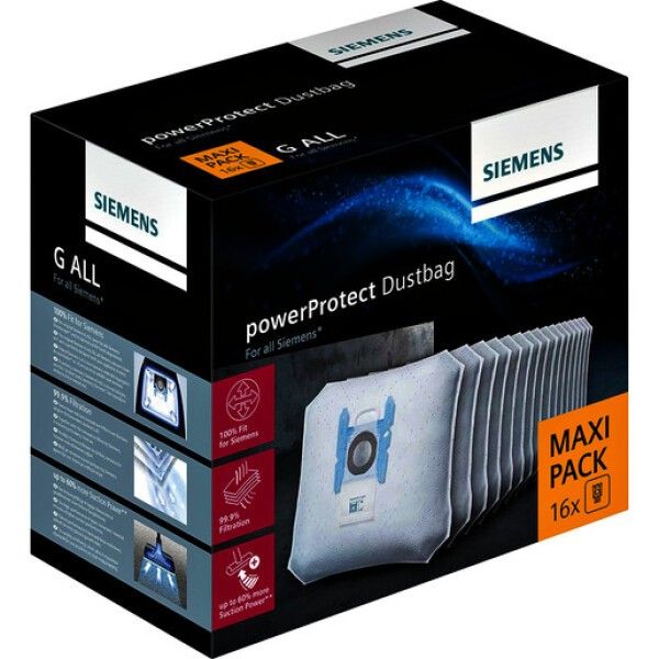 Verpackung mit Siemens Staubsaugerbeuteln. Schwarze Schachtel mit Produktnamen und Logo. Enthält 16 Beutel.