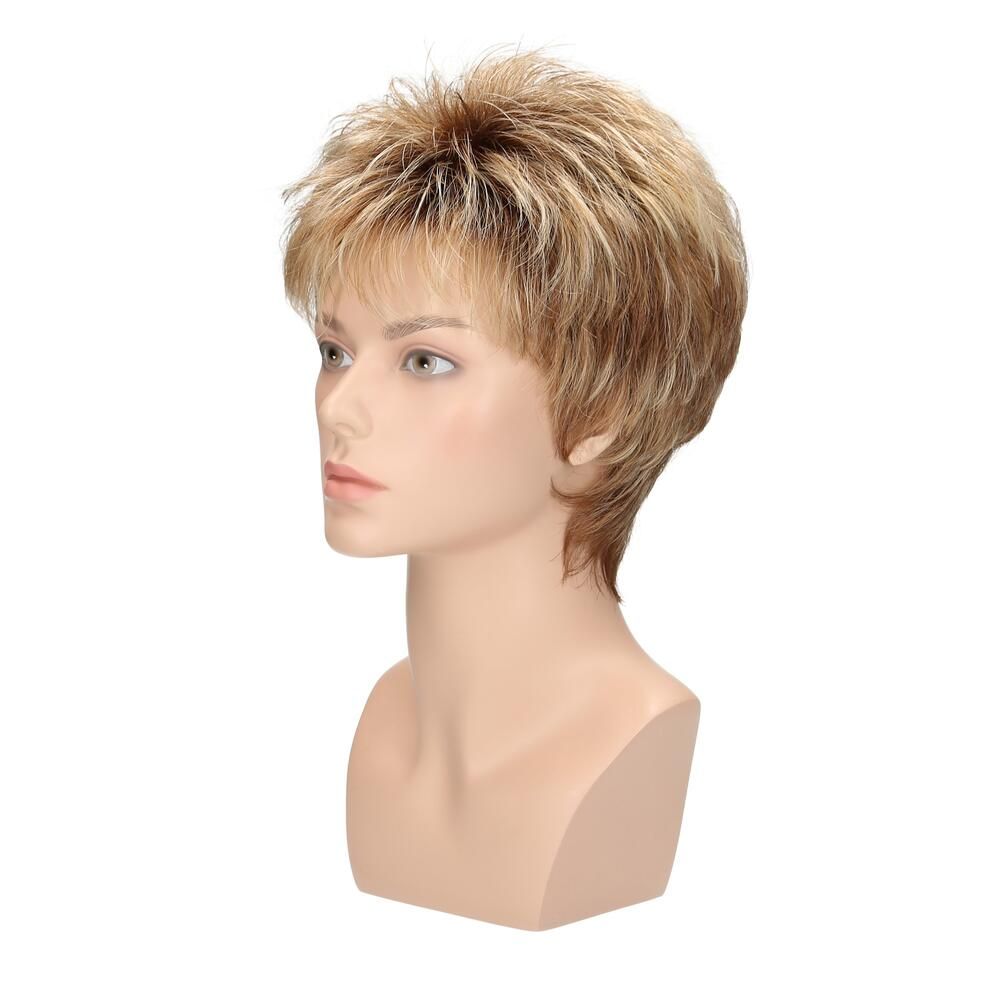 Perücke Susi von Lofty in Toffeemix, dunkler Ansatz, auf einer Büste. Seitenansicht, blondes Haar mit dunkleren Wurzeln.