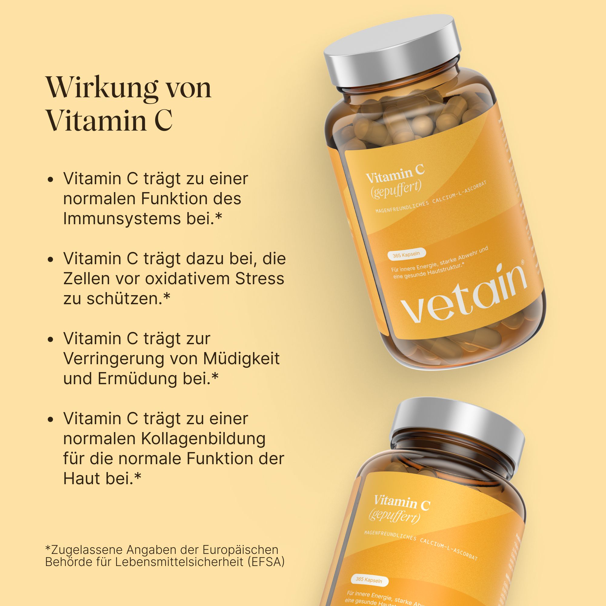 VETAIN Vitamin C gepuffert Kapseldosen, Wirkung: Immunsystem, Zellschutz, Müdigkeitsreduktion.