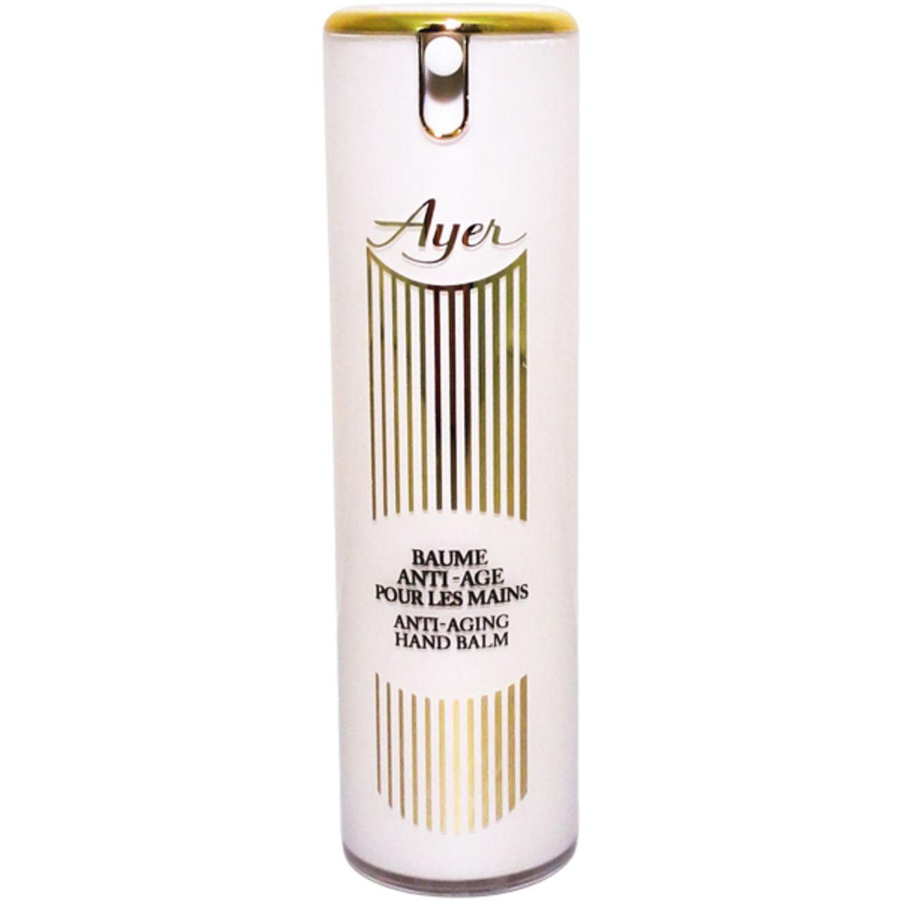 Weißer Zylinder mit goldfarbenen Akzenten. Aufschrift: Ayer, Baume Anti-Age pour les Mains, Anti-Aging Hand Balm.