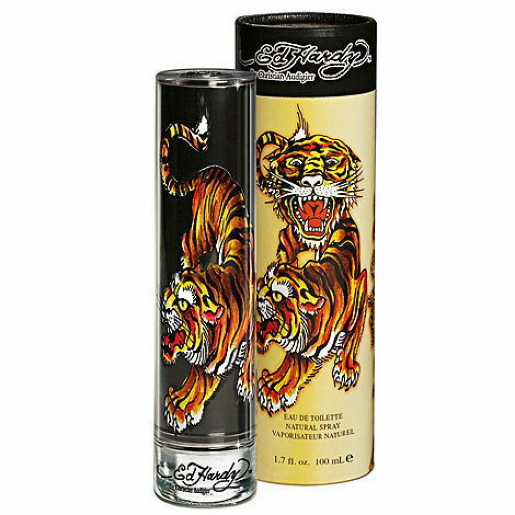 Ed Hardy Uomo Eau de Toilette Spray. Flakon und Verpackung mit Tiger-Design. Marke und Volumenangabe.