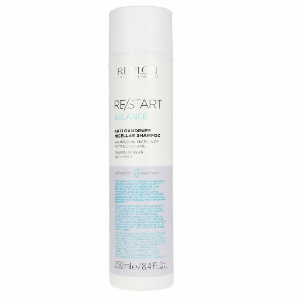 Weißer Zylinder mit weißem Deckel. Aufschrift: RE/START BALANCE, Anti-Schuppen-Shampoo. 250 ml.