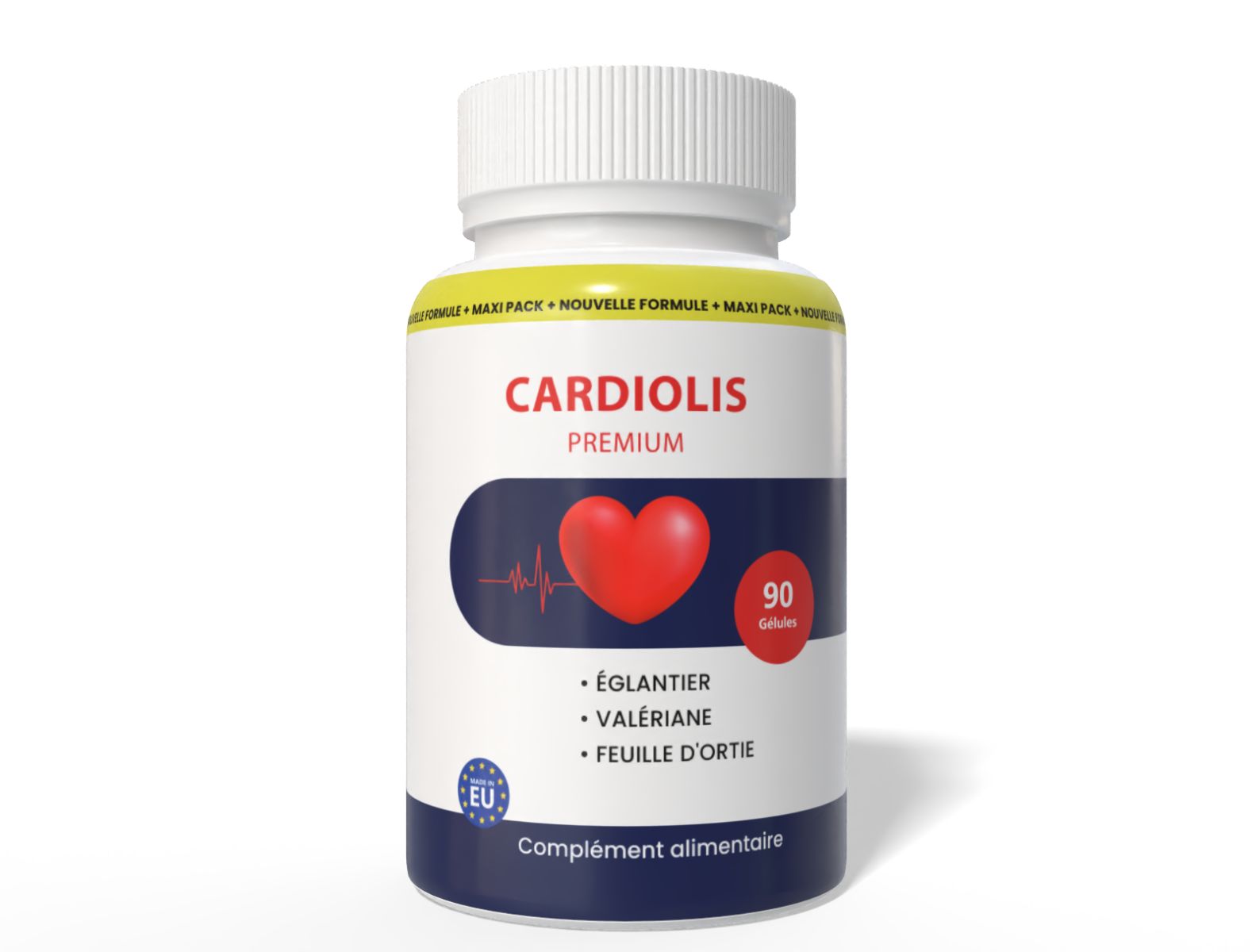 Weiße Kapselpackung mit rotem Herzsymbol und EKG-Linie. Enthält 90 Kapseln. "Cardiolis Premium" Aufschrift.