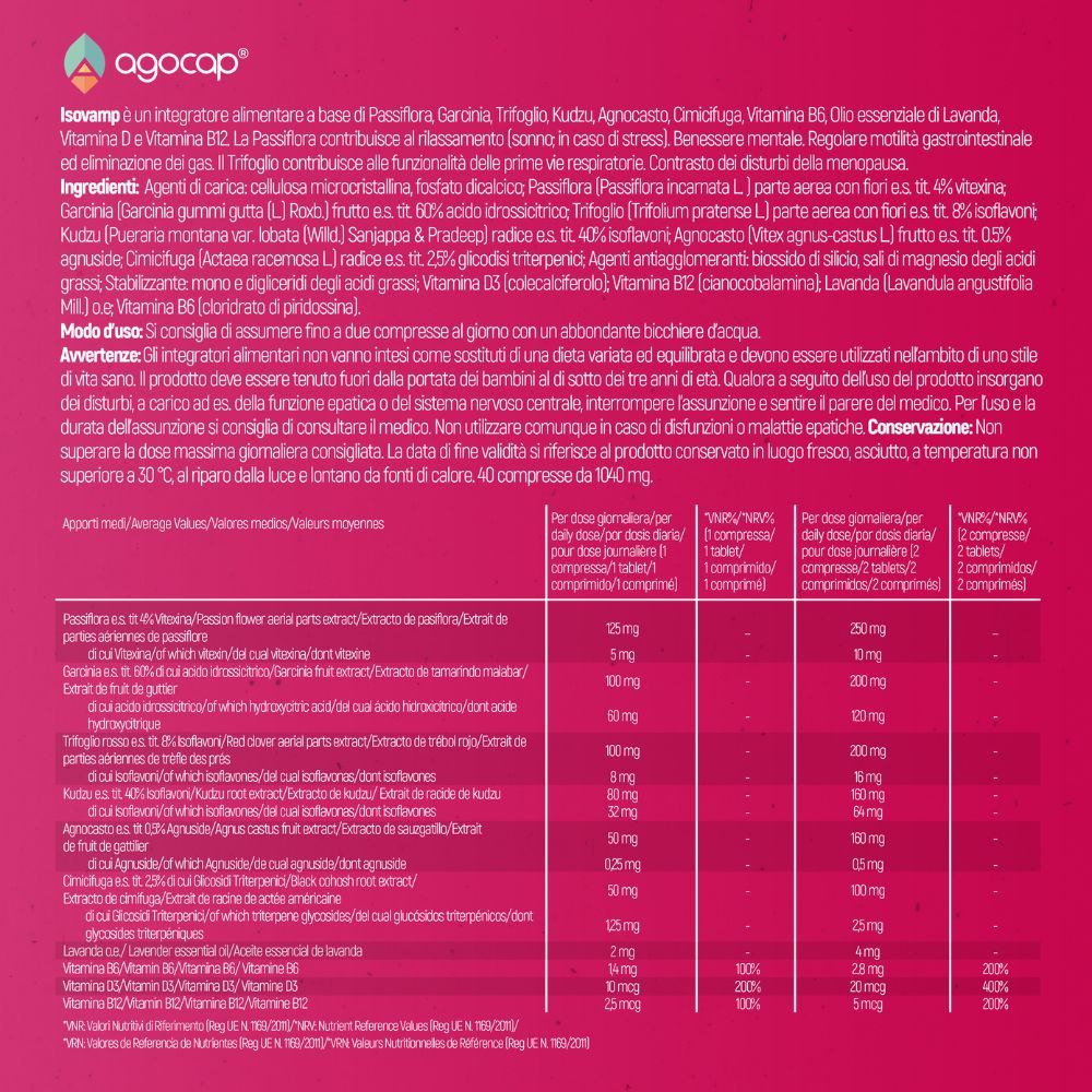 Pagina di testo con ingredienti e istruzioni per l'uso. Contiene informazioni su dosaggio e avvertenze.