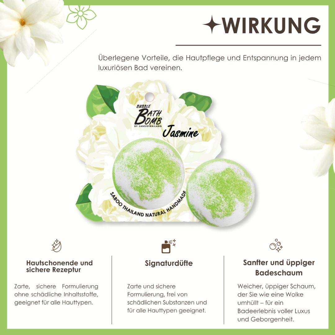 Zwei grüne Badebomben mit Jasmin-Aufdruck. Text: Bubble Bath Bomb, Jasmin, SABOO Thailand. Infografik mit Vorteilen und Inhaltsstoffen.