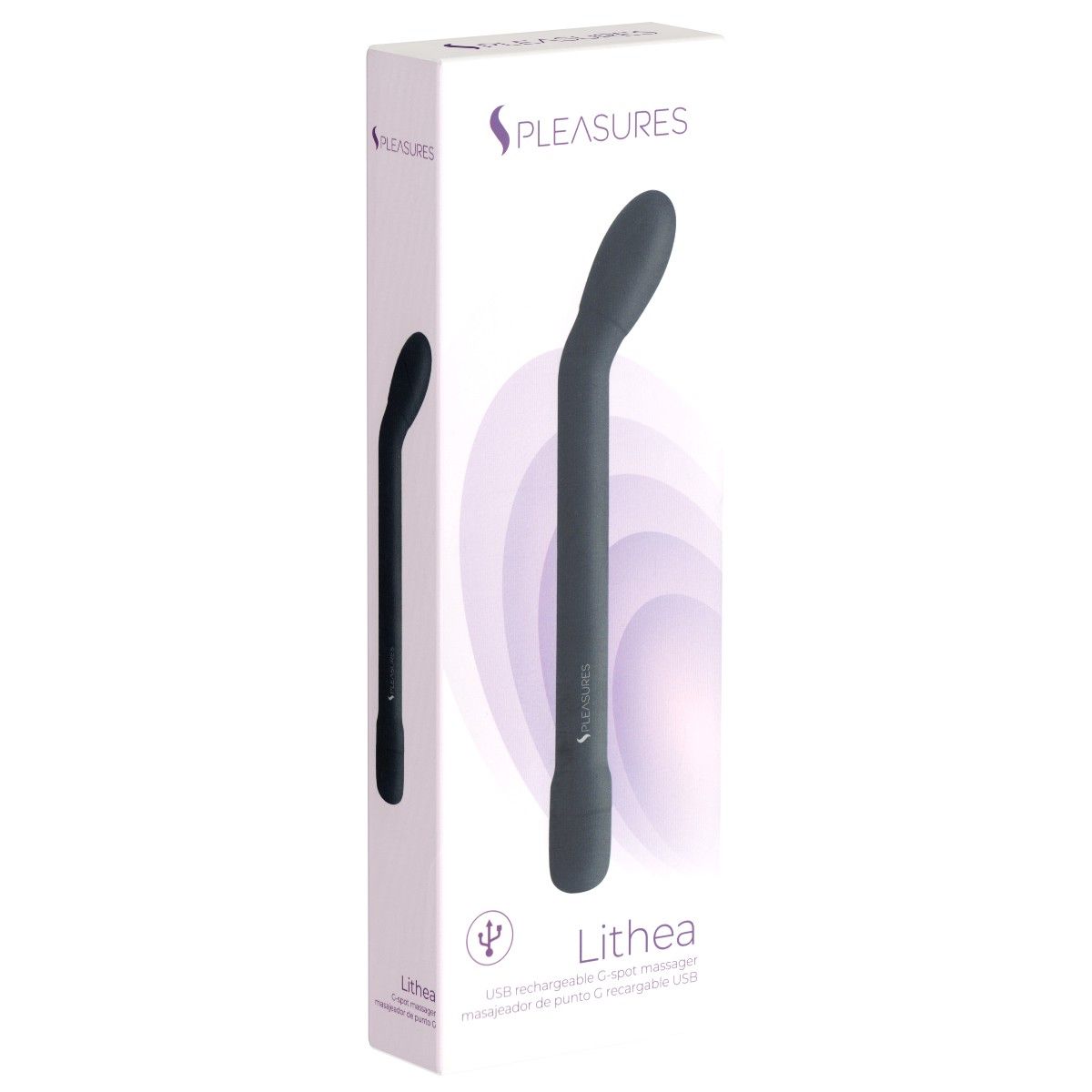 Grauer G-Punkt-Massager Lithea in Verpackung. Marke Pleasures. USB-Ladefunktion.