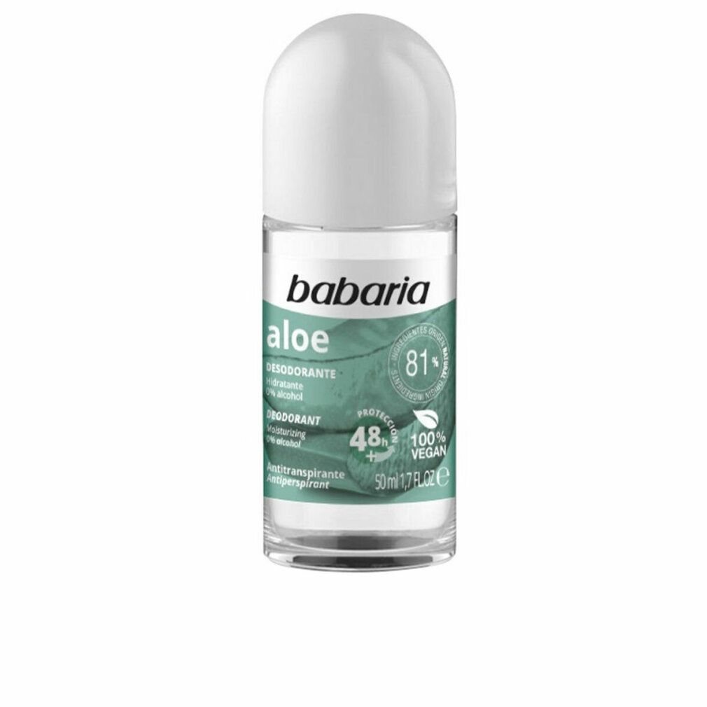 Babaria Aloe Vera Roll-on-Deodorant. Weißer Deckel, transparente Flasche. Text: Aloe, Desodorante, 0% Alkohol, 48h Schutz, 100% vegan.